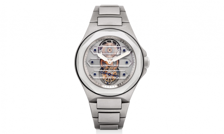 _1017_Girard-Perregaux. A fine, rare and unusual titanium and platinum skeletonised three sapphire bridge tourbillon wristwatch with bracelet, numbered 0. Circa 2009.jpg